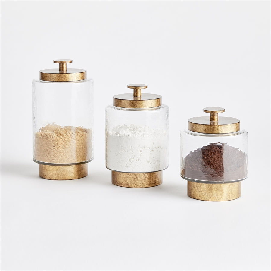 Glass Column Canisters with Bronze Lids, Set of 3