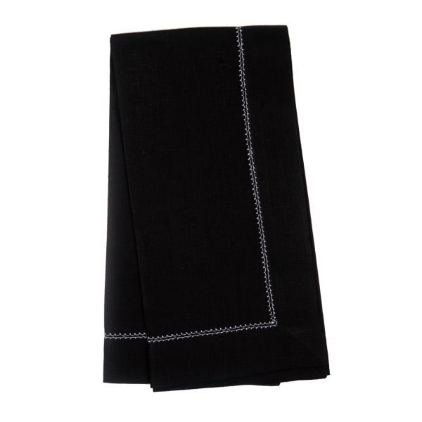 White Pure Linen Napkin with Contrast Black Hemstitch